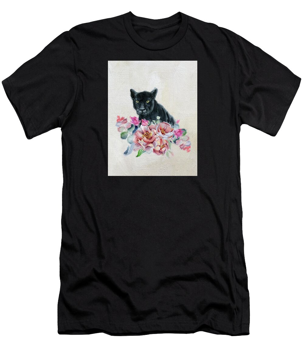 Black Panther T-Shirt featuring the painting Black Panther With Flowers by Garden Of Delights