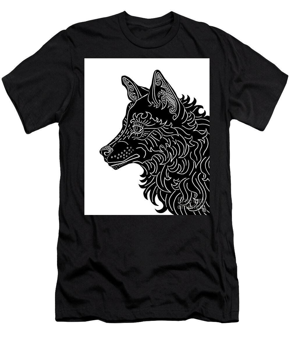 Wolf T-Shirt featuring the drawing Black Wolf. Wild Animal Ink 9 by Amy E Fraser