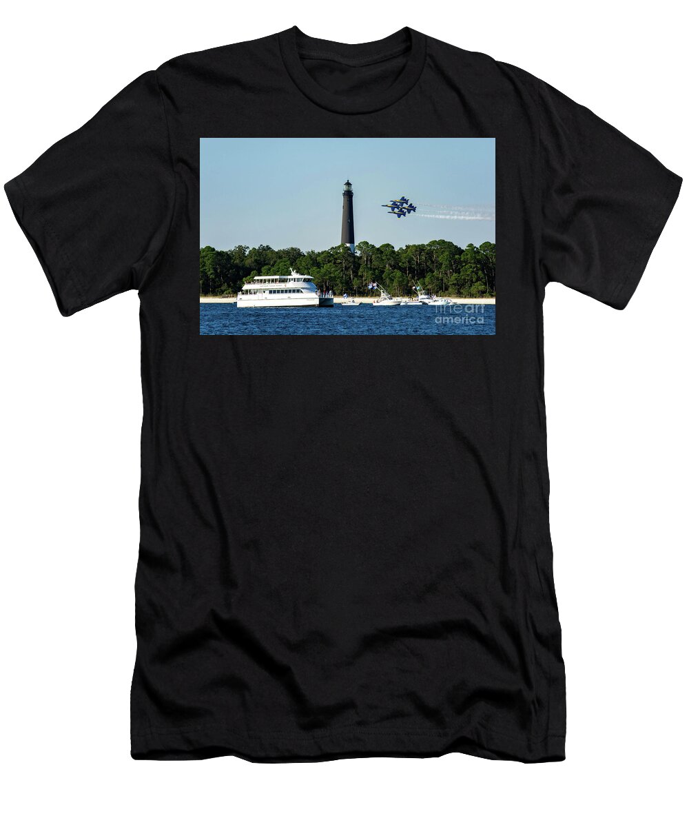 Blue Angels T-Shirt featuring the photograph Blue Angels over Pensacola Lighthouse and Ferry by Beachtown Views