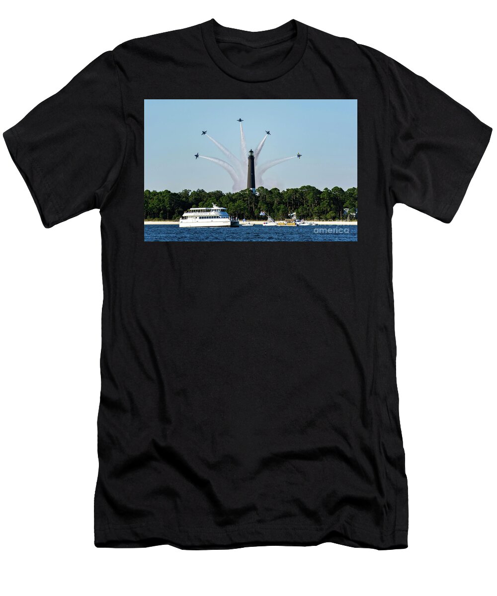 Blue Angels T-Shirt featuring the photograph Blue Angels over Pensacola Lighthouse by Beachtown Views