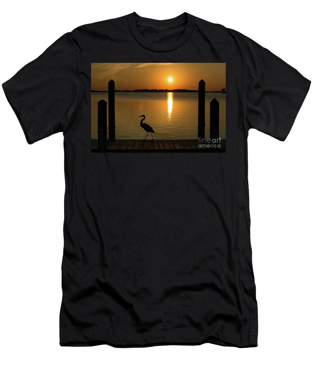 Reflection T-Shirt featuring the photograph Blue Heron on the Dock at Sunset by Beachtown Views