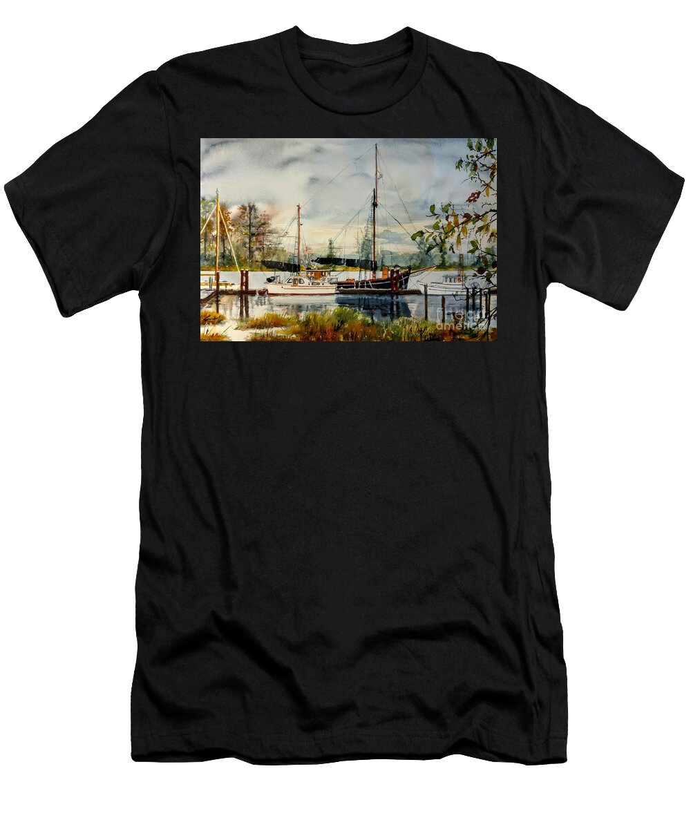 Sailboats T-Shirt featuring the painting Boats on the Fraser by Sonia Mocnik