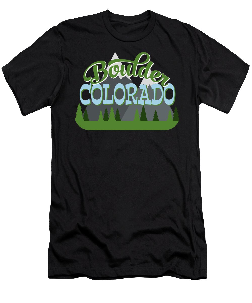 Boulder T-Shirt featuring the digital art Boulder Colorado Retro Mountains Trees by Flo Karp