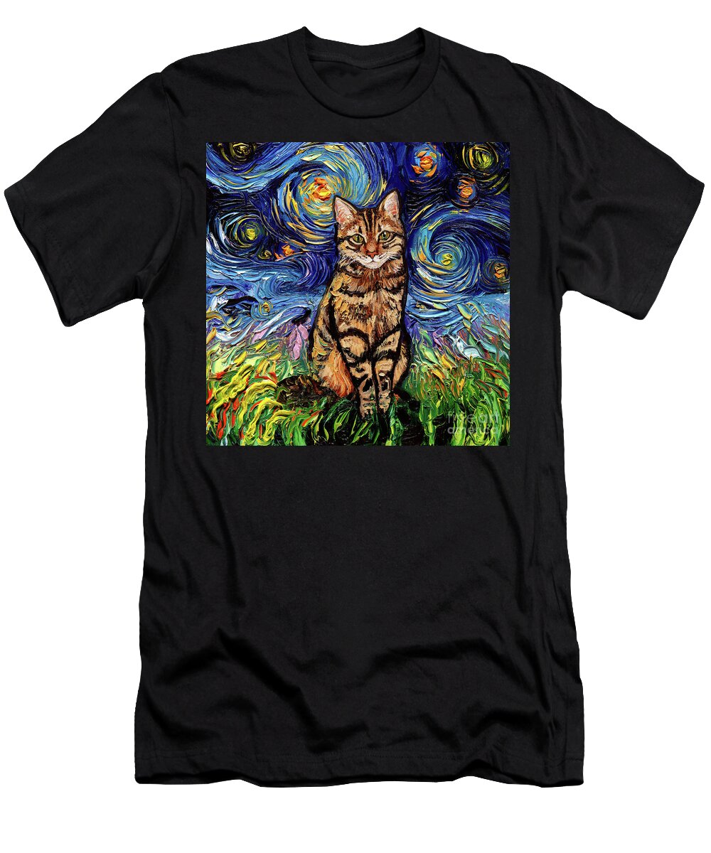 Brown Tabby T-Shirt featuring the painting Brown Tabby Night by Aja Trier