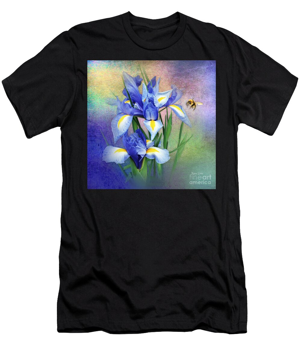 Bumble Bee T-Shirt featuring the mixed media Bumble Bee on Blue Iris by Morag Bates