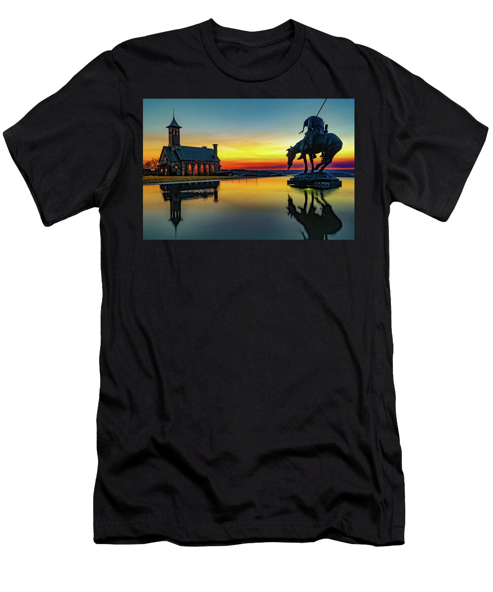 Chapel Of The Ozarks T-Shirt featuring the photograph Burning Sunset at the End of the Trail - Ridgedale Missouri by Gregory Ballos