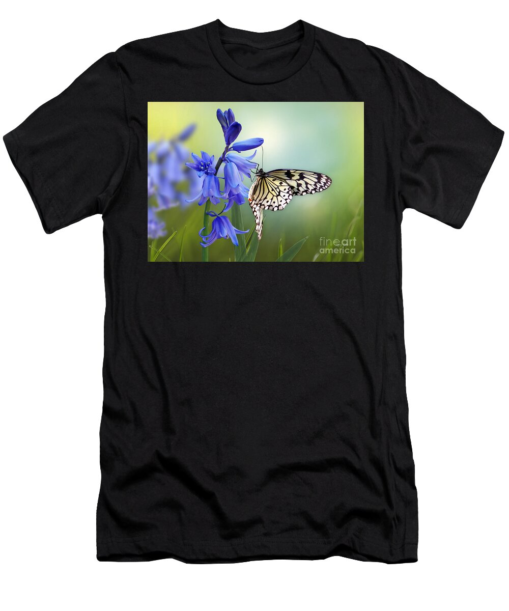 Bluebells T-Shirt featuring the mixed media Butterfly and Bluebell Dreams by Morag Bates