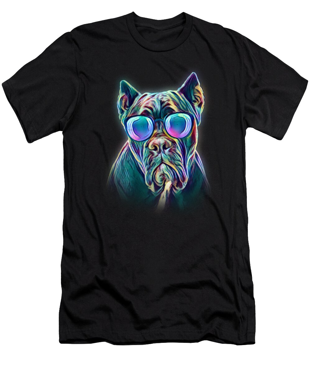 Cane Corso Gifts T-Shirt featuring the digital art Cane Corso Neon Dog Sunglasses by Jacob Zelazny