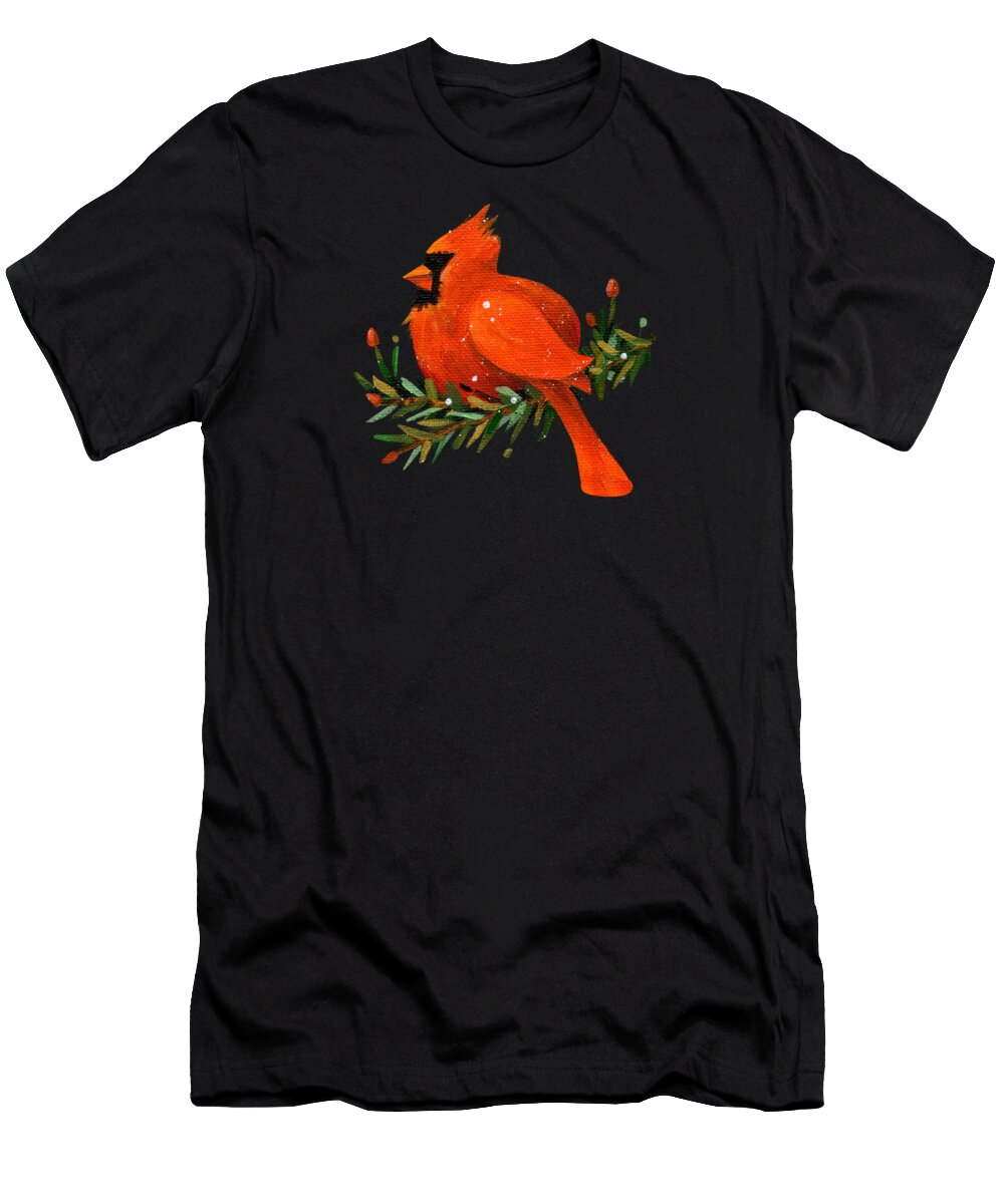 Cardinal T-Shirt featuring the painting Cardinal on Pine Branch by Annie Troe