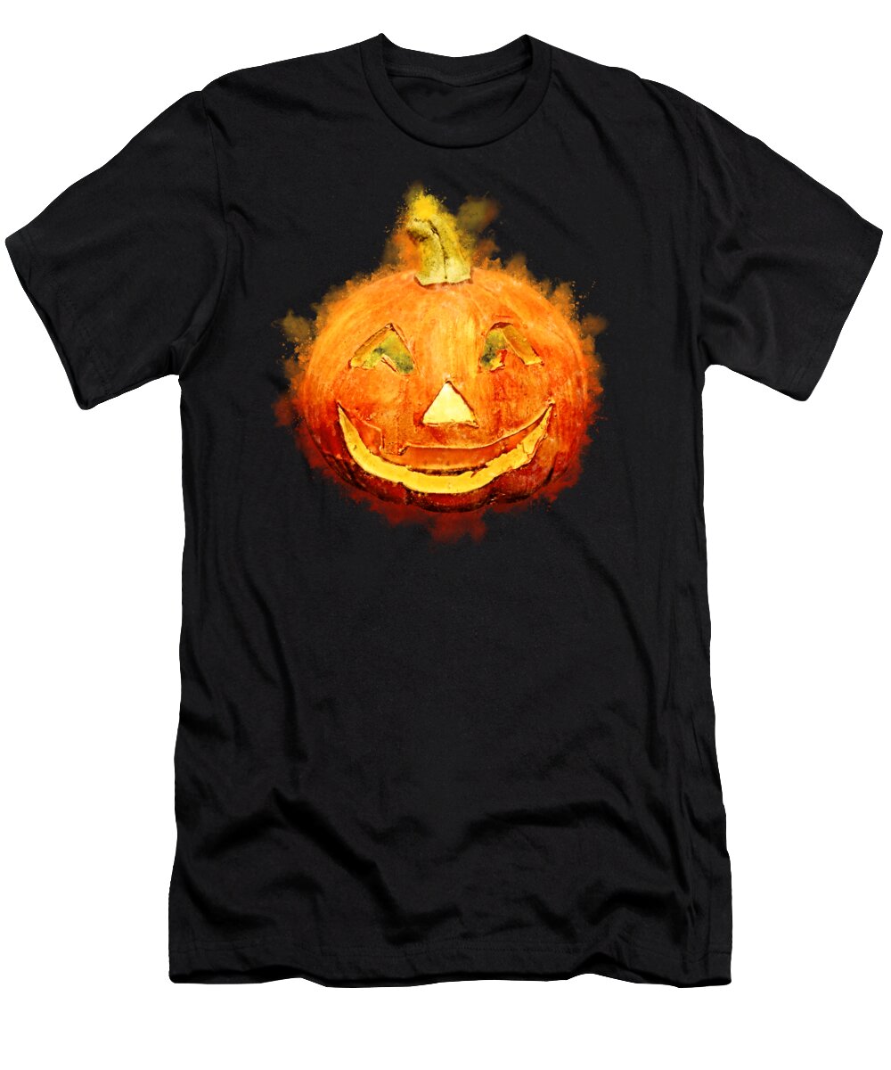 Pumpkin T-Shirt featuring the digital art Carved Halloween Pumpkin In Watercolor by Andreea Eva Herczegh