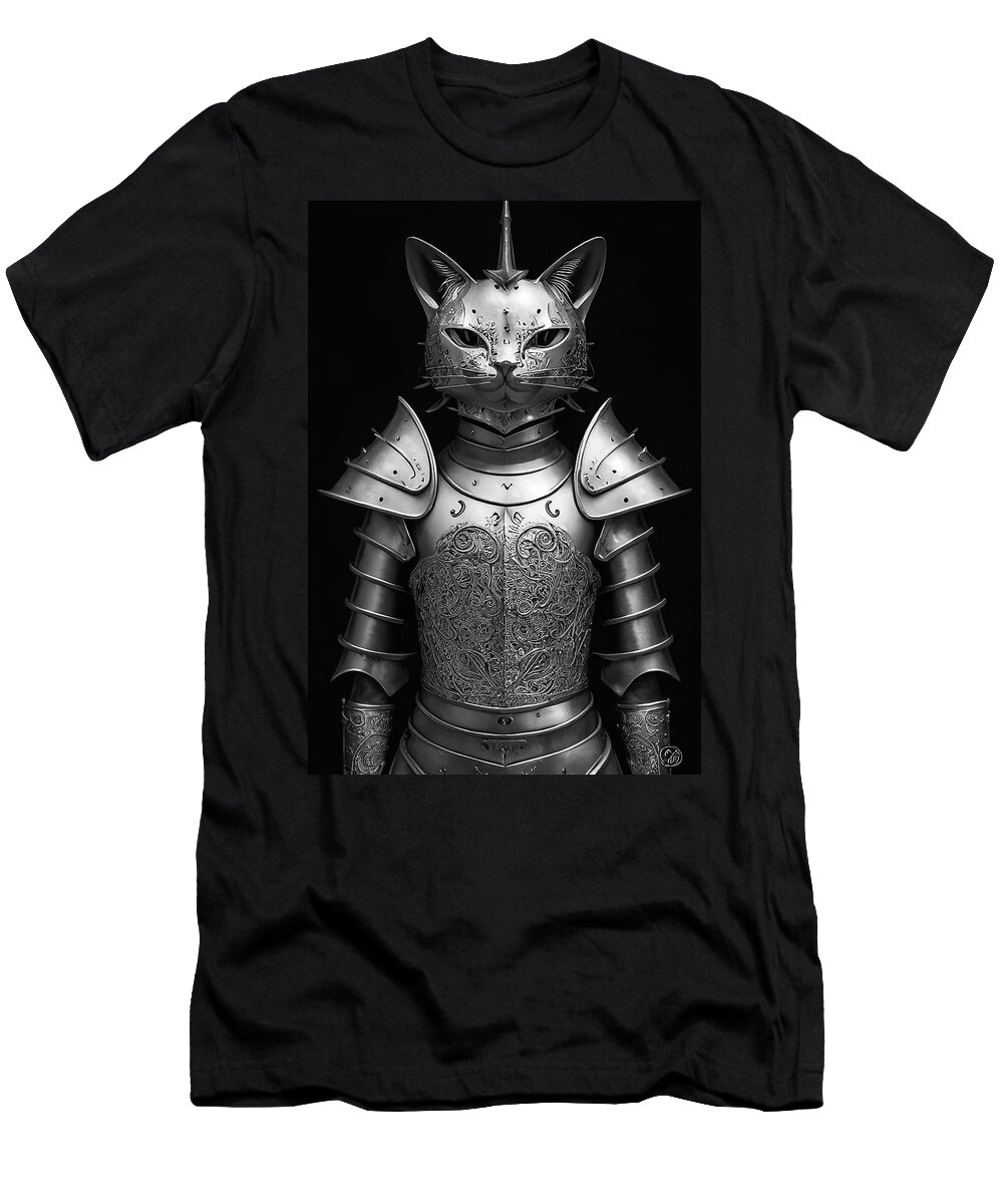 Cat T-Shirt featuring the digital art Cat Knight Portrait 04 Black and White by Matthias Hauser