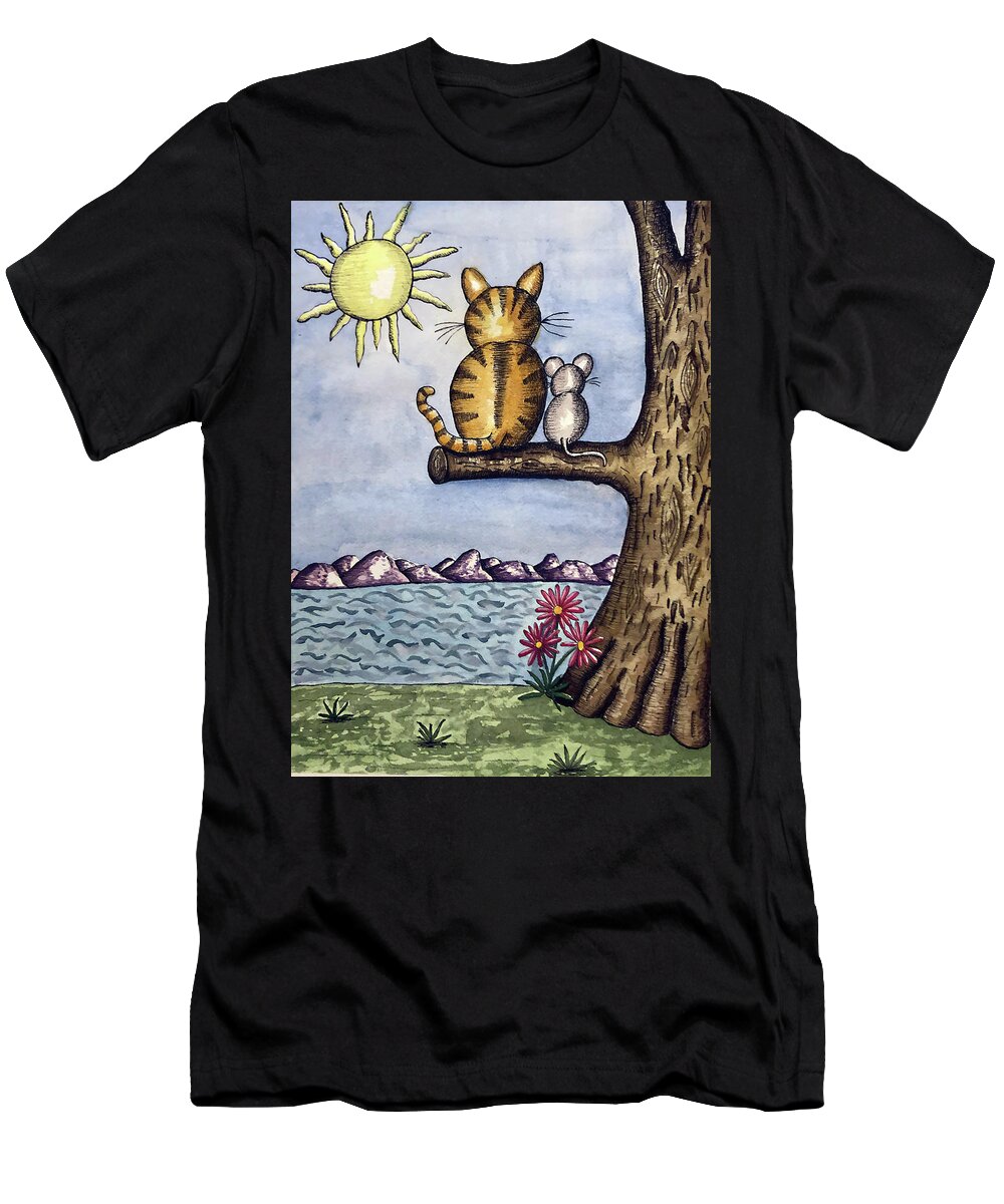 Childrens Art T-Shirt featuring the painting Cat Mouse Sun by Christina Wedberg