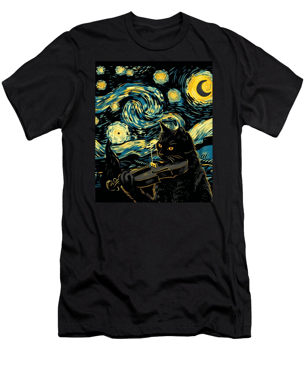 Starry Night Cat T-Shirt featuring the digital art Cat Starry Night Astro Nomadic by Lotus-Leafal