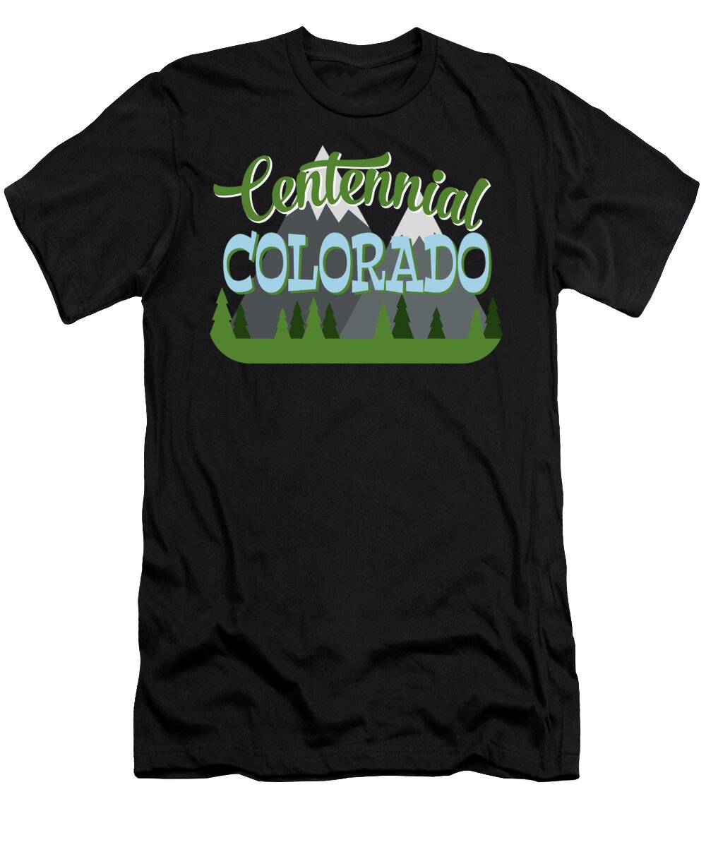 Centennial T-Shirt featuring the digital art Centennial Colorado Retro Mountains Trees by Flo Karp