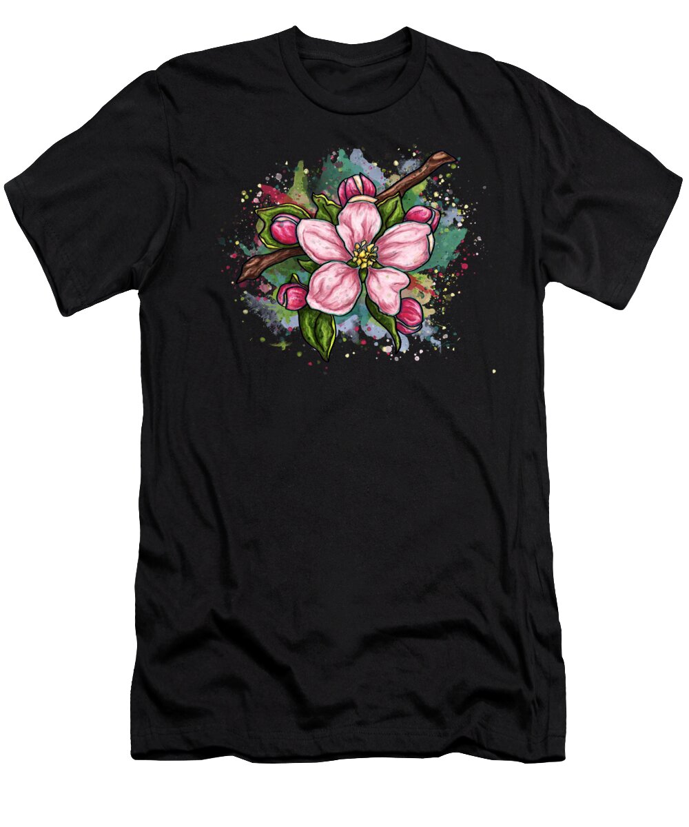 Flower T-Shirt featuring the painting Cherry blossom painting on black background, pink flower art by Nadia CHEVREL
