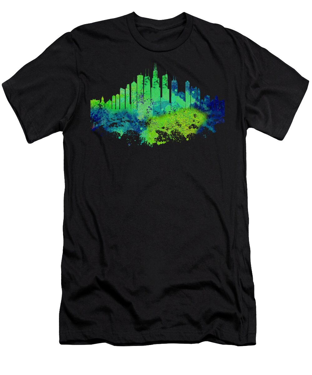 Chicago T-Shirt featuring the digital art Chicago City Skyline - Lime Green Watercolor on Black Background by SP JE Art