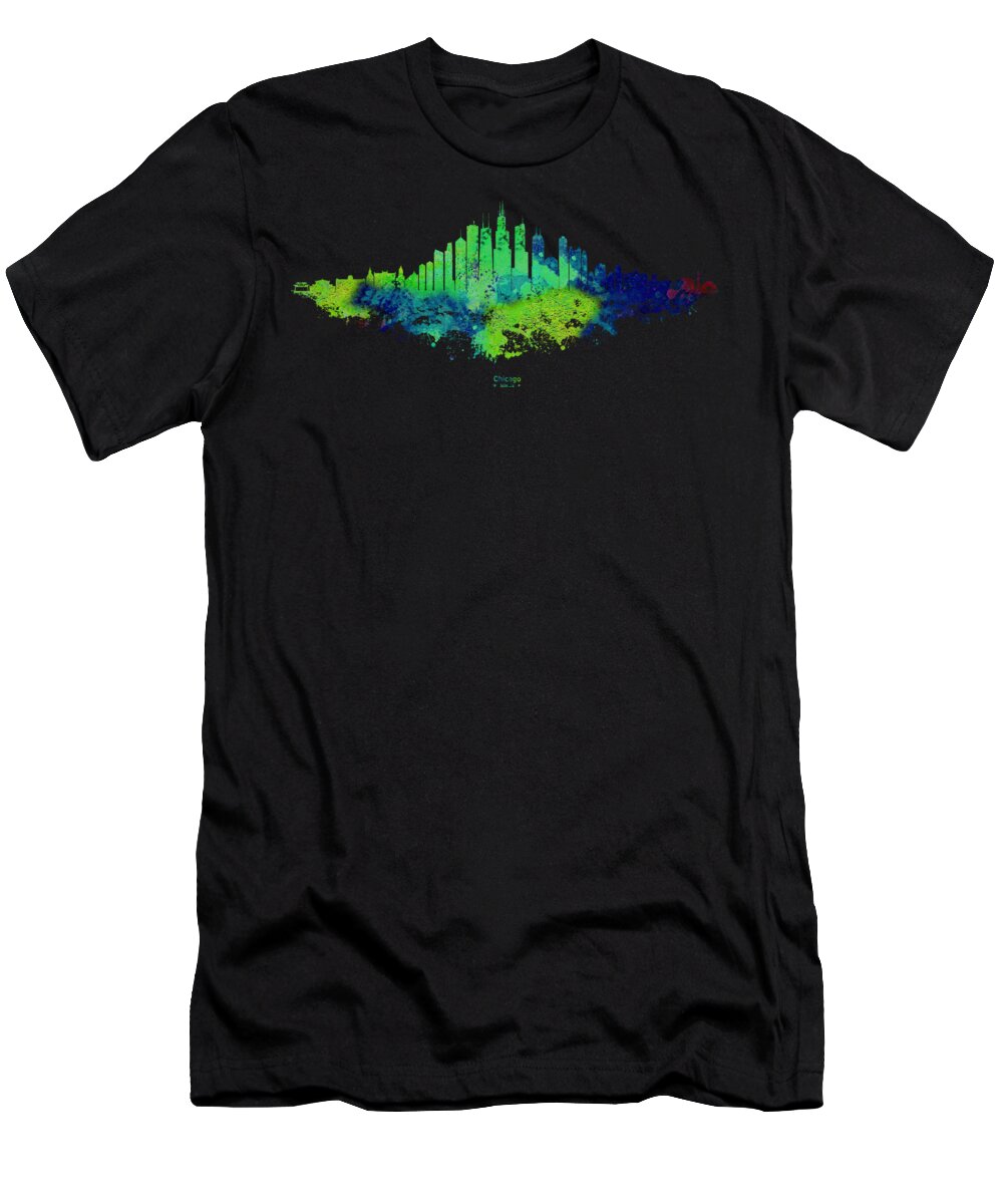 Chicago T-Shirt featuring the digital art Chicago City Skyline - Lime Green Watercolor on Black Background with Caption by SP JE Art