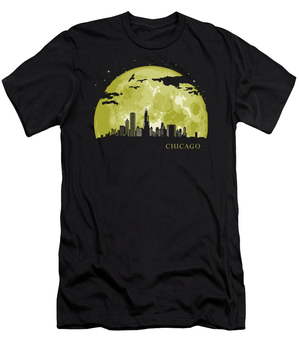 Illinois T-Shirt featuring the digital art CHICAGO Moon Light Night Stars Skyline by Filip Schpindel