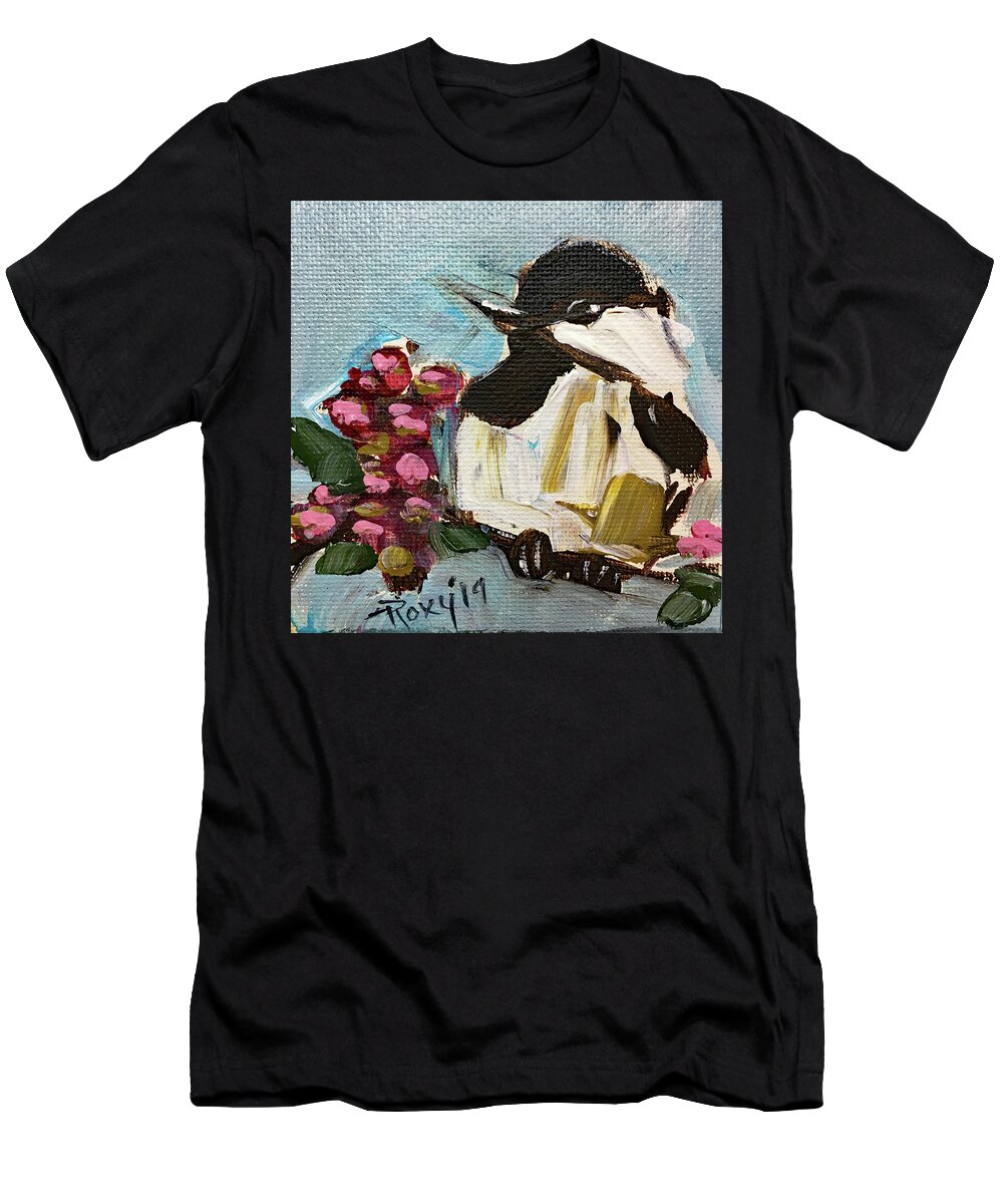 Chickadee T-Shirt featuring the painting Chickadee with Pink Berries by Roxy Rich