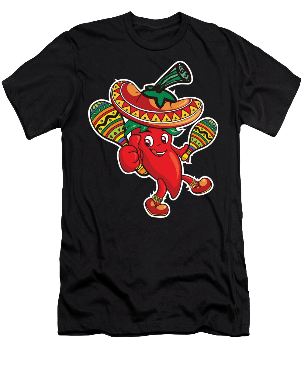 Jalepeno Pepper T-Shirt featuring the digital art Cinco De Mayo Dancing Red Pepper Sombrero Maracas by Jacob Zelazny
