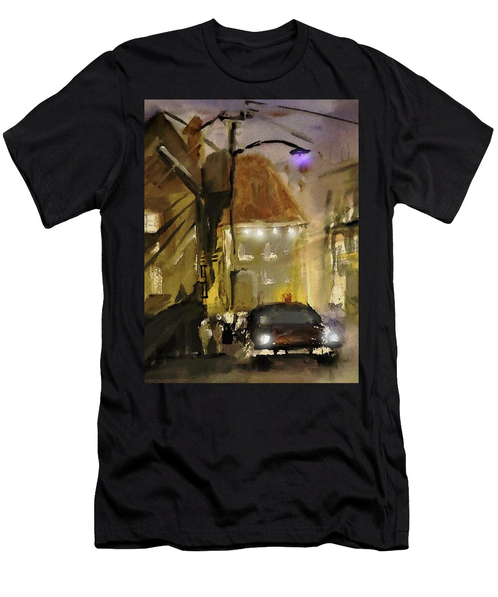 City T-Shirt featuring the painting City Lights And Wires by Lisa Kaiser