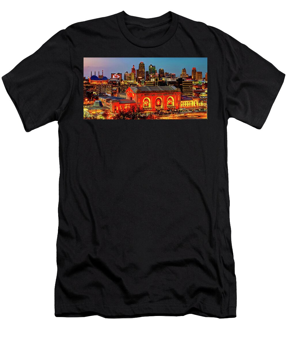 Kansas City Skyline T-Shirt featuring the photograph City of Red and Gold - Kansas City Skyline Panorama by Gregory Ballos