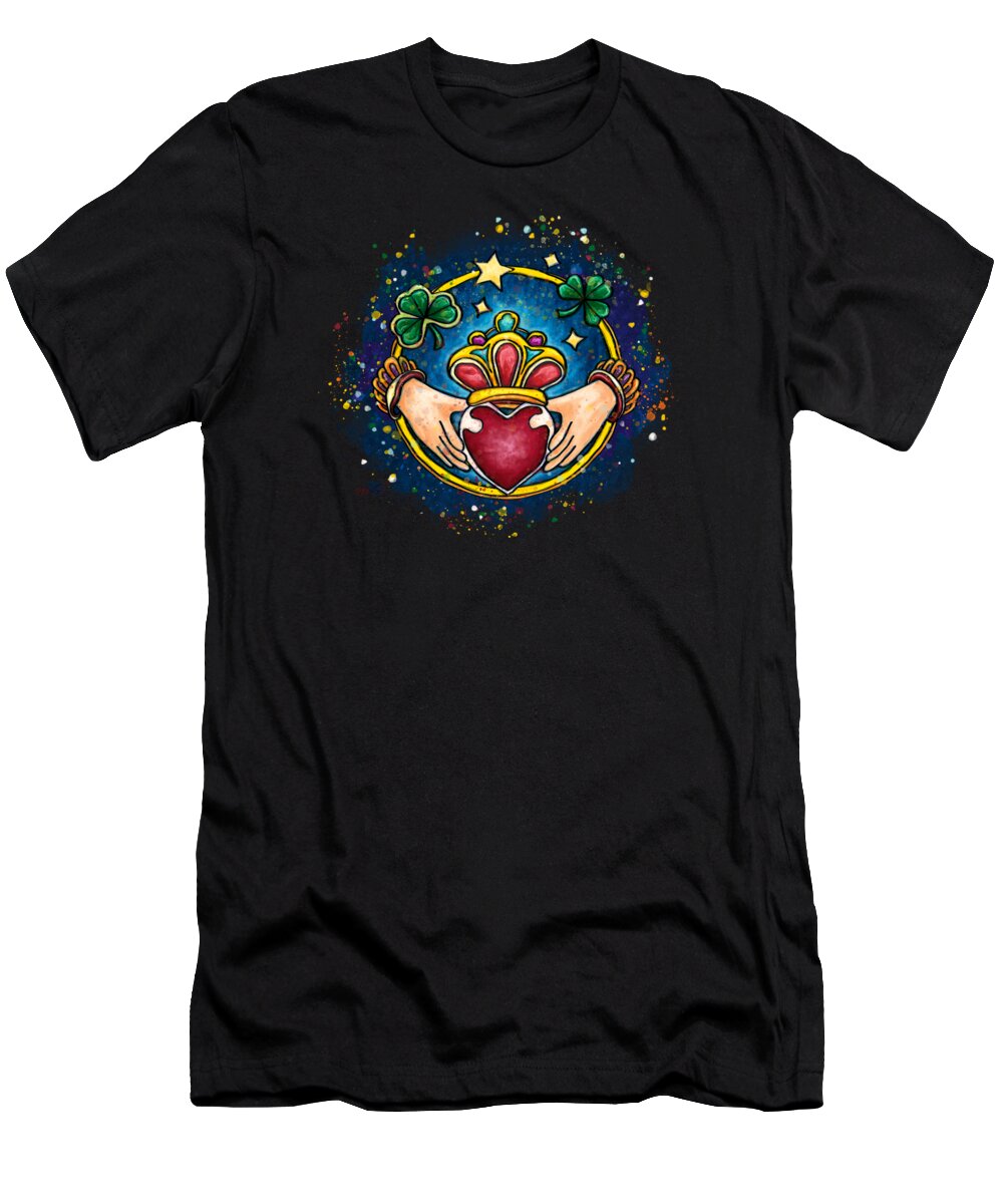 Claddagh T-Shirt featuring the painting Claddagh ring on black background, Ireland engagement ring by Nadia CHEVREL
