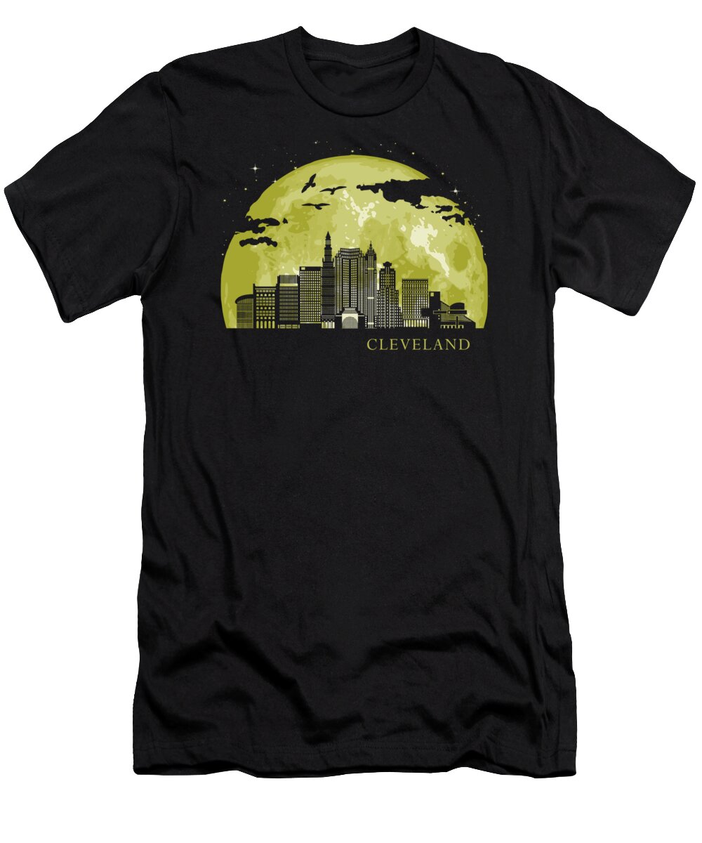 Cleveland T-Shirt featuring the digital art CLEVELAND Moon Light Night Stars Skyline by Filip Schpindel
