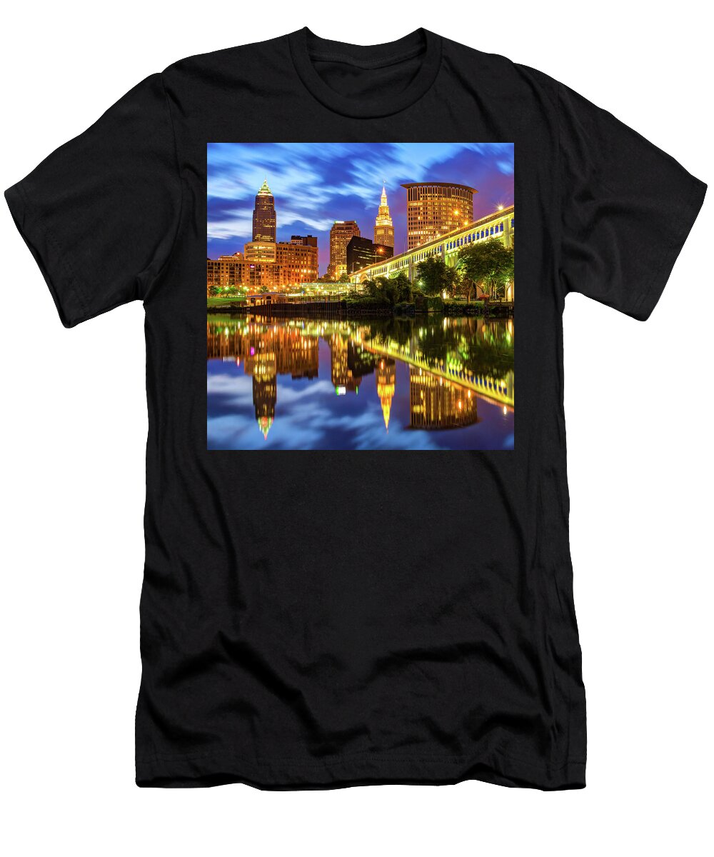 Cleveland Skyline T-Shirt featuring the photograph Cleveland Ohio City Reflections at Dawn by Gregory Ballos