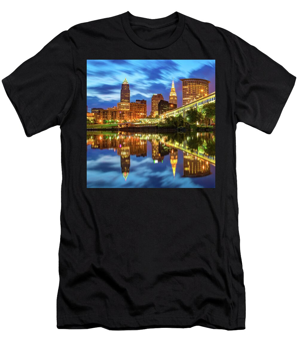 Cleveland Skyline T-Shirt featuring the photograph Cleveland Skyline From Heritage Park Along The Cuyahoga River by Gregory Ballos