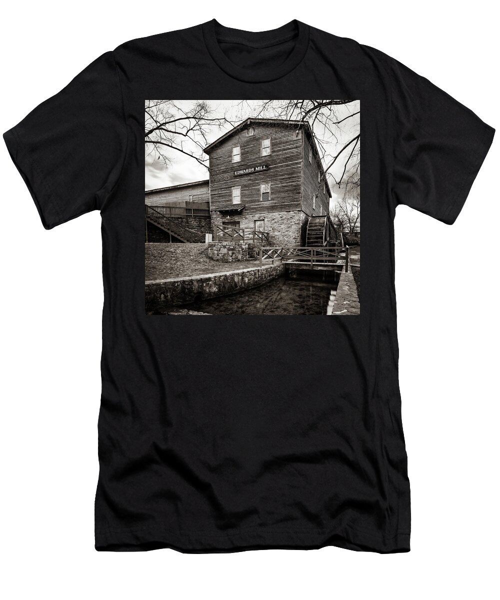College Of The Ozarks T-Shirt featuring the photograph College of the Ozarks Edwards Mill - Sepia 1x1 by Gregory Ballos