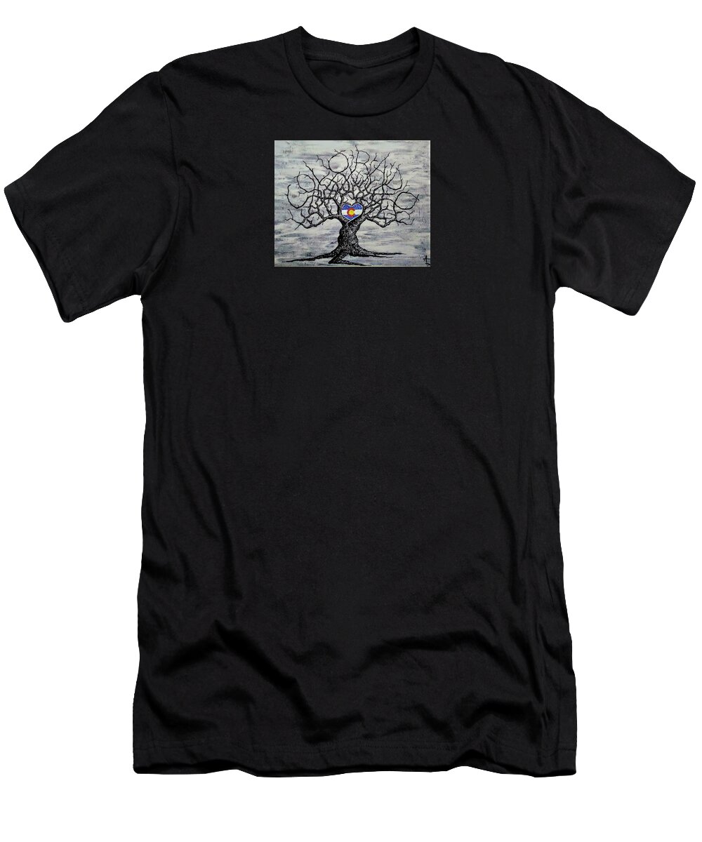 Colorado T-Shirt featuring the drawing Colorado b/w with Flag by Aaron Bombalicki