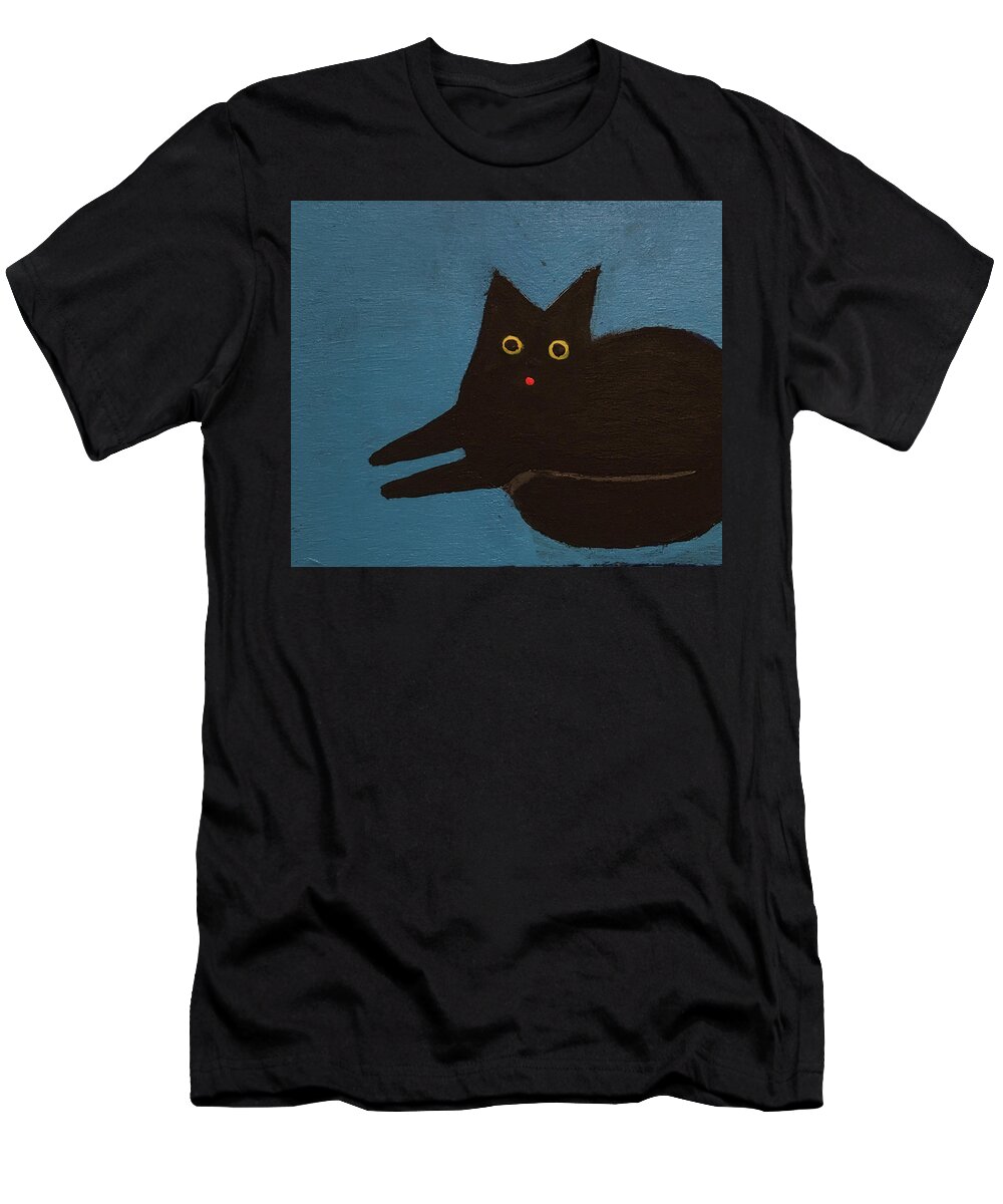 Black Cat T-Shirt featuring the painting Comfy Black cat by Sherry Rusinack