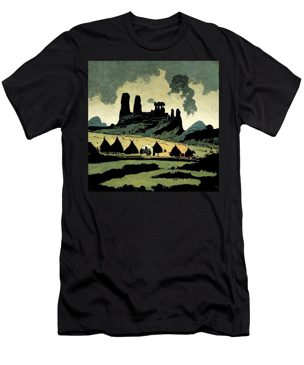 Nature T-Shirt featuring the painting Comic Iron Age Grim  Dark Wildlands With Caravan Lands 17b1cb41 Ff17 4ca4 81ba 8ad684c by MotionAge Designs