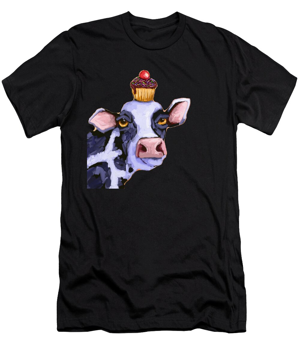 Cow With Cupcake T-Shirt featuring the painting Cow with Cherry on Top by Lucia Stewart