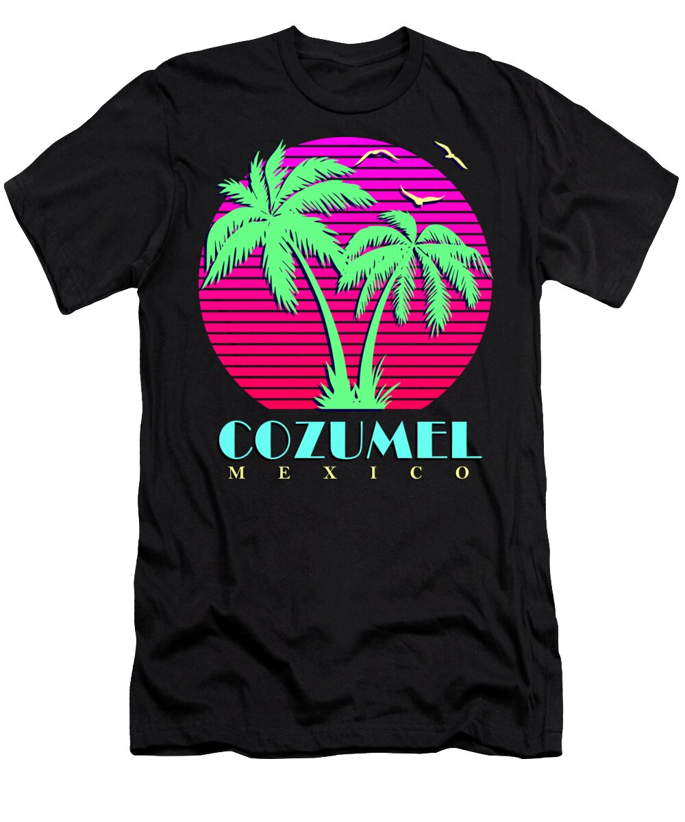 Classic T-Shirt featuring the digital art Cozumel Mexico Retro Palm Trees Sunset by Filip Schpindel