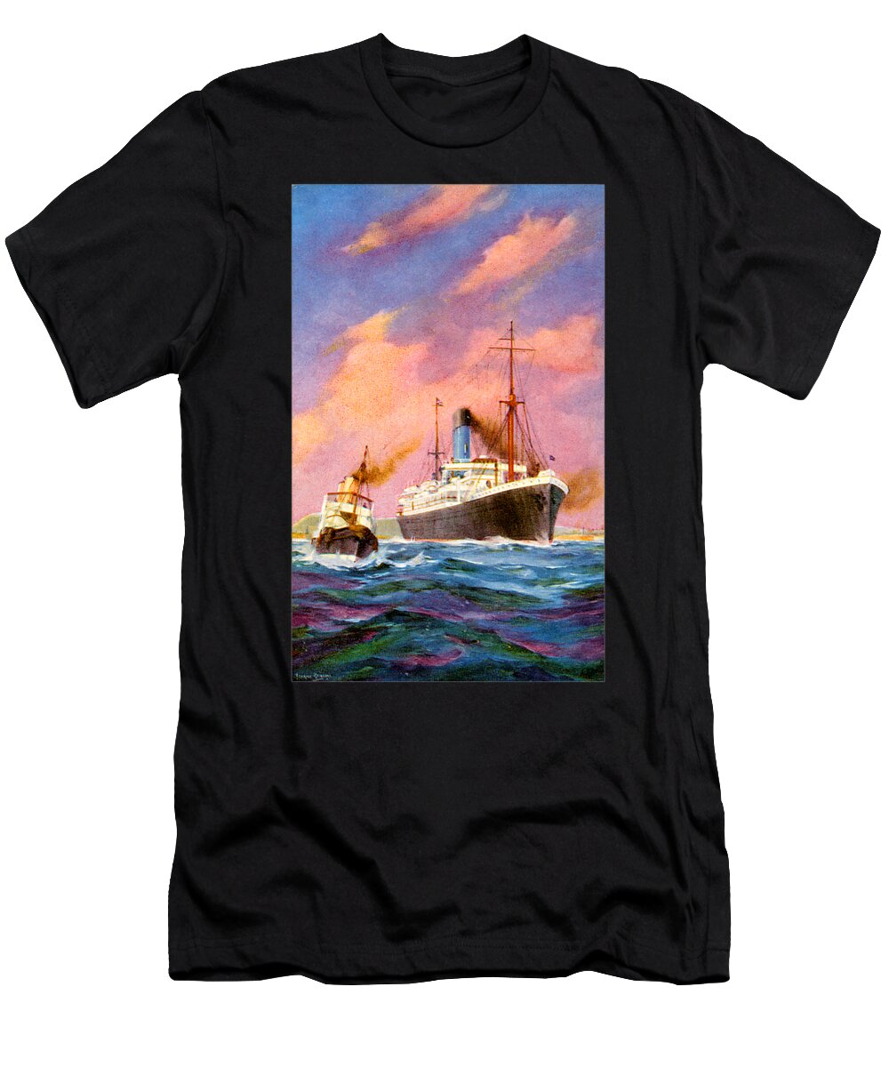 Cruiseship T-Shirt featuring the painting Cruise Ship Postcard with Tugboat ca 1920 by Unknown