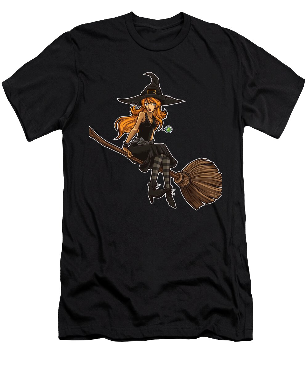 Halloween T-Shirt featuring the digital art Cute Witch Sits On Her Broom Halloween by Mister Tee
