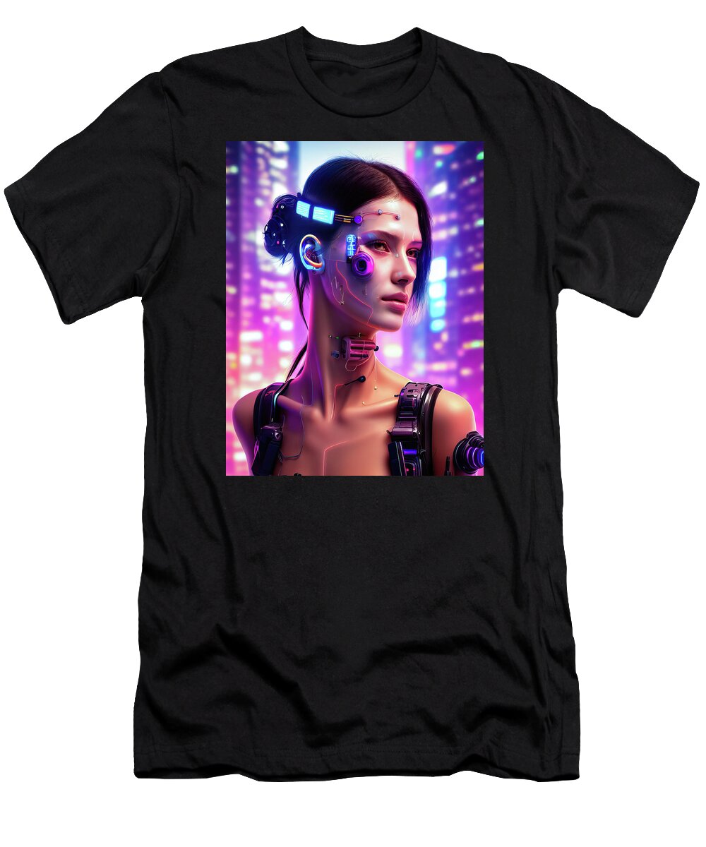 Woman T-Shirt featuring the digital art Cyberpunk Woman 01 Futuristic City Portrait by Matthias Hauser