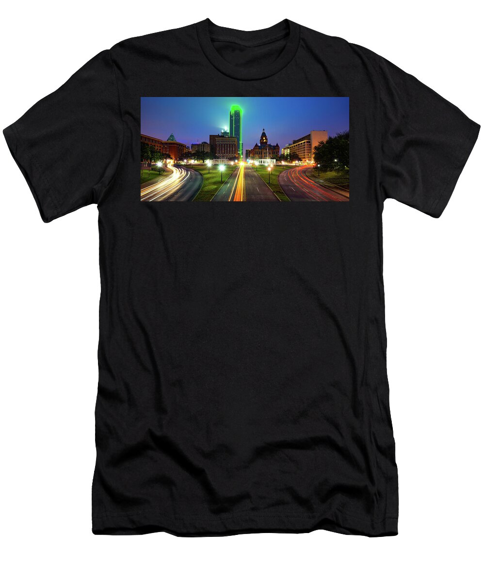 Dallas Texas T-Shirt featuring the photograph Dallas Skyline Through Dealey Plaza at Dawn Panorama by Gregory Ballos
