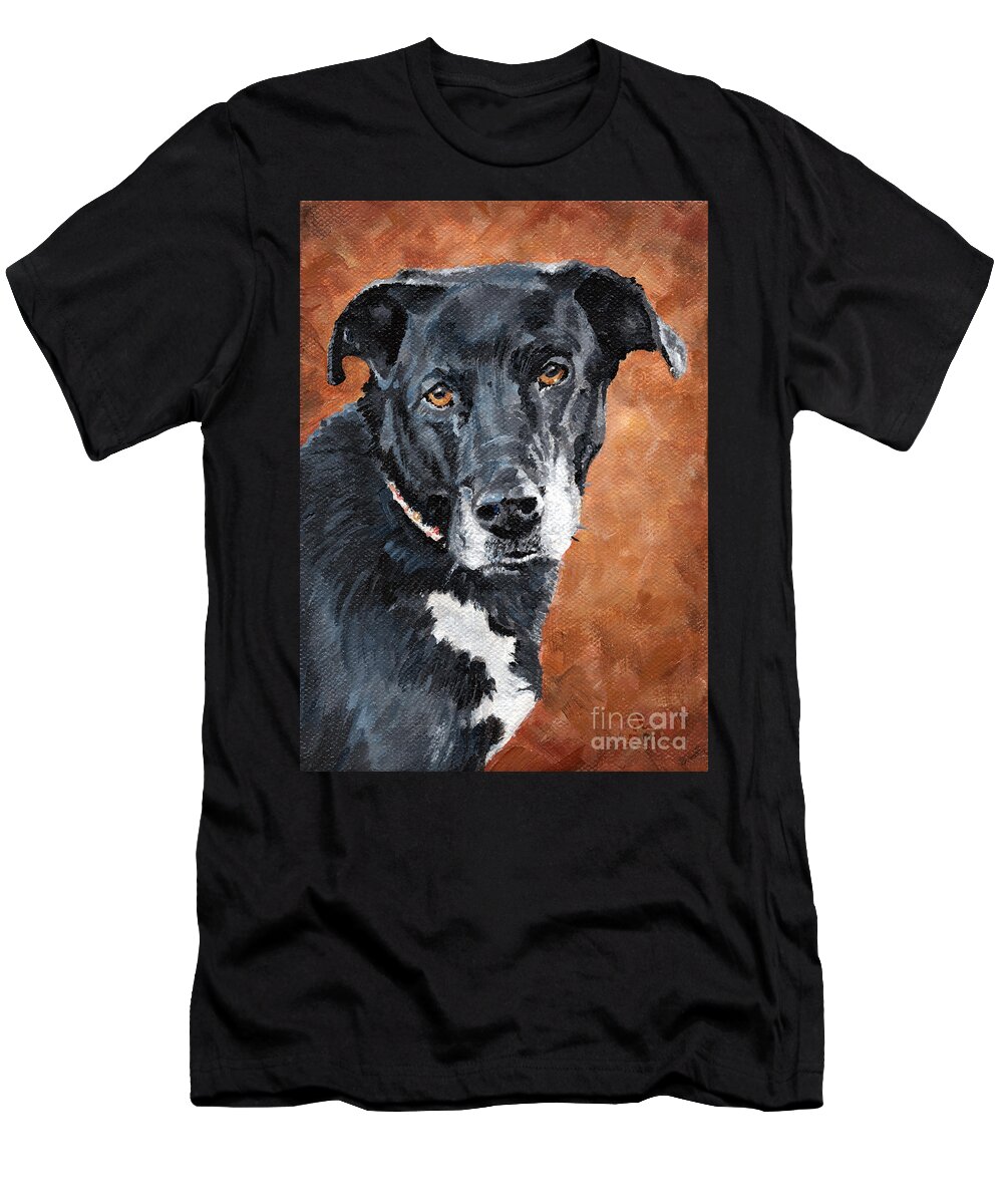 Pet Portrait T-Shirt featuring the painting Darcy - Black Dog by Annie Troe