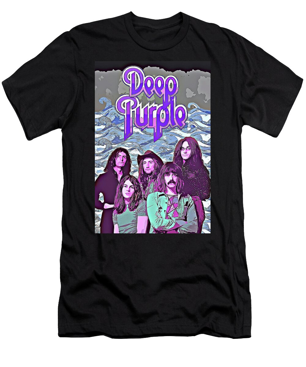 Deep Purple T-Shirt featuring the mixed media Deep Purple Art Smoke On The Water by The Rocker Chic