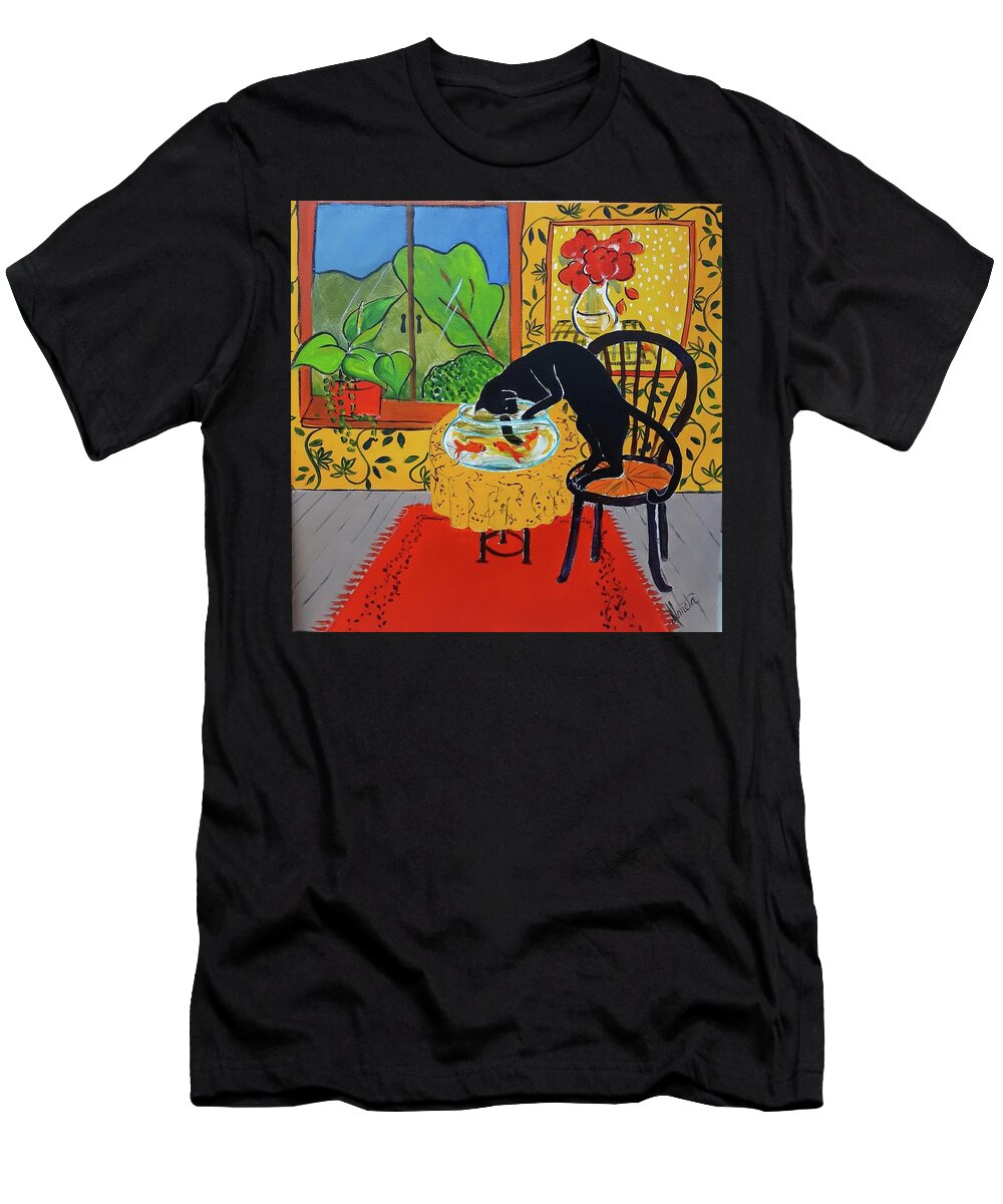 Black Cat T-Shirt featuring the painting Dinner Time by Almeta Lennon