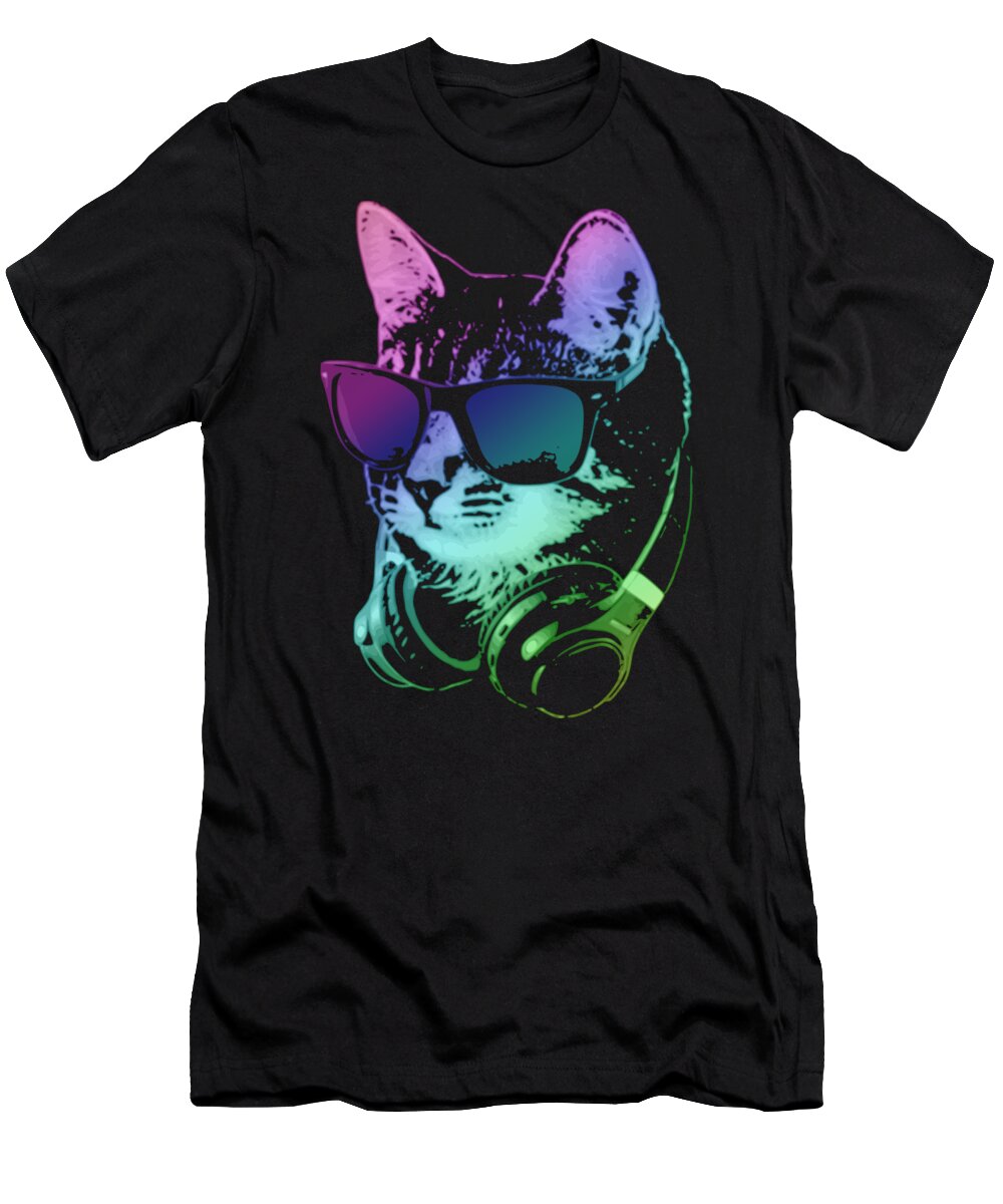 Cat T-Shirt featuring the digital art Dj Cat In Neon Lights by Filip Schpindel