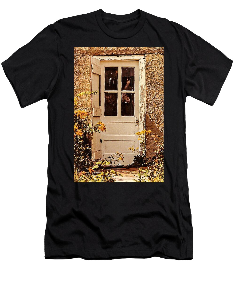 Door Yellow Wood Flower T-Shirt featuring the photograph Door1 by John Linnemeyer
