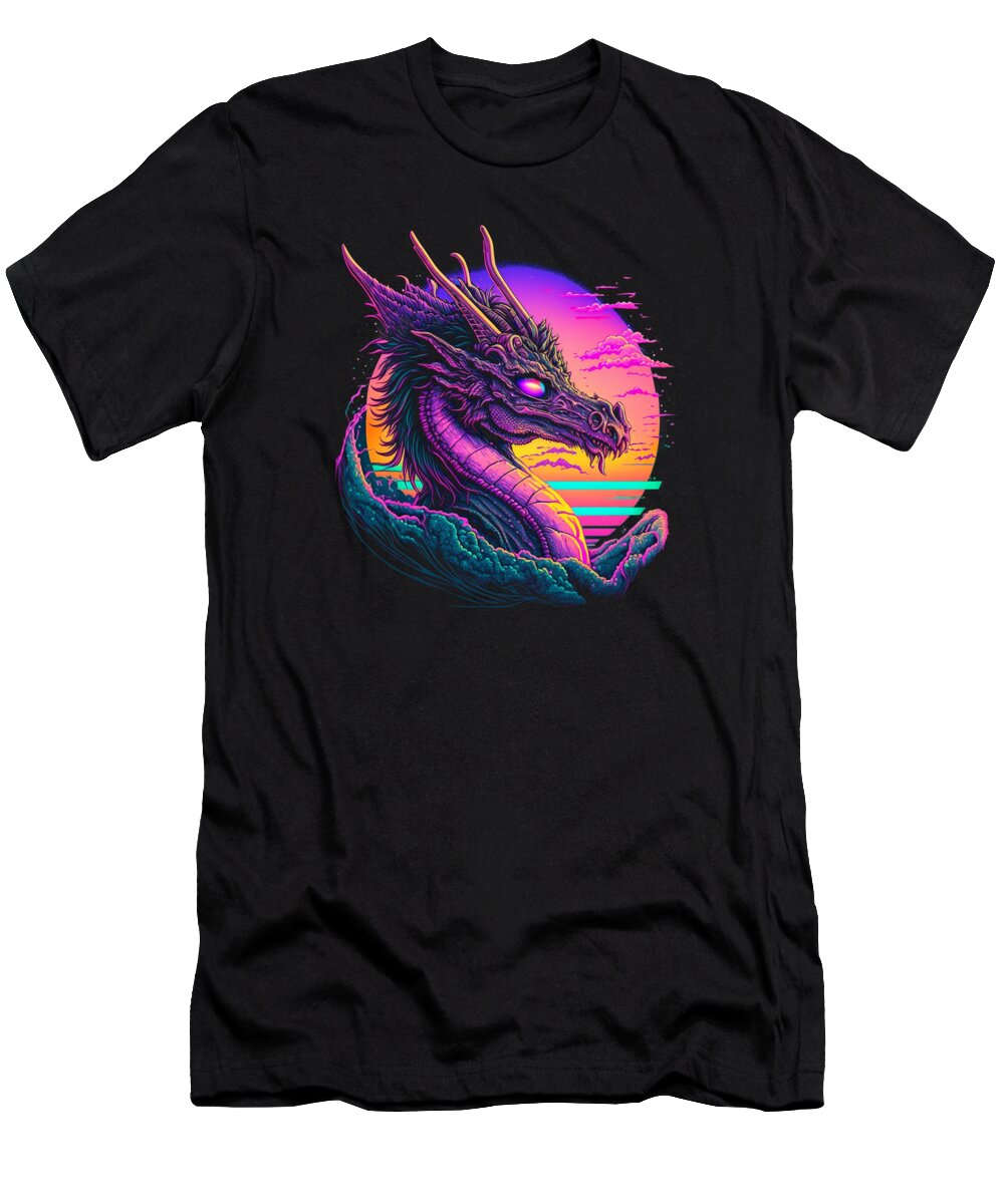 Dragon T-Shirt featuring the digital art Dragon Vaporwave Abstract Landscape Moon Tree Waterfall by Toms Tee Store