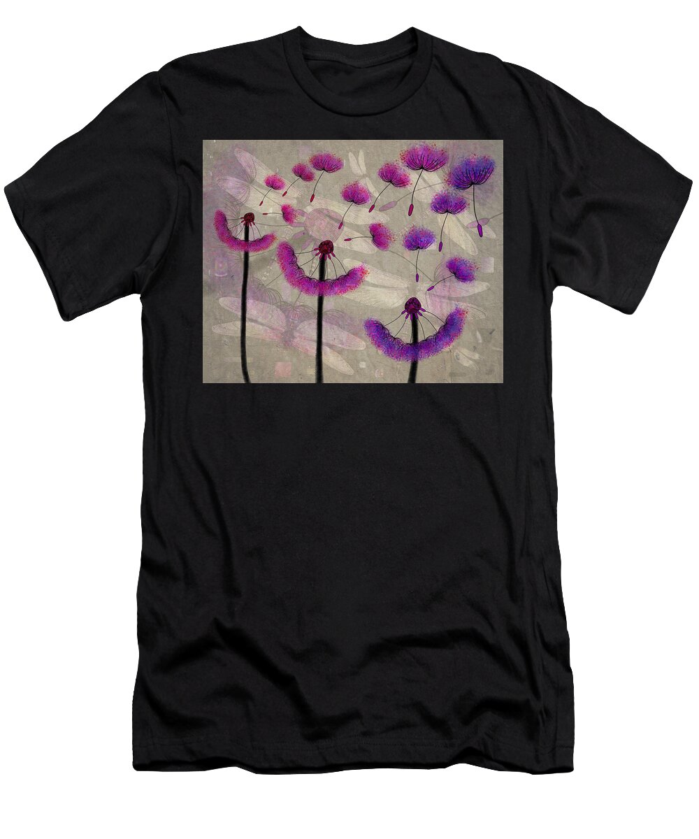 Dandelion T-Shirt featuring the drawing Dragonflies And Dandelions Three Pink And Purple by Joan Stratton