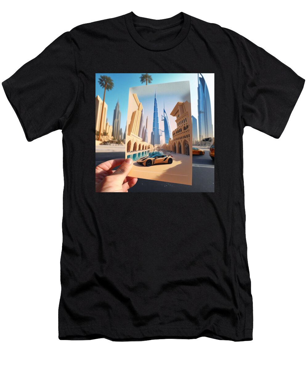 Artificial Intelligence T-Shirt featuring the digital art Dubai DownTown mit Sportwagen in der Front Fantasy erstellt by EGOSKiLL