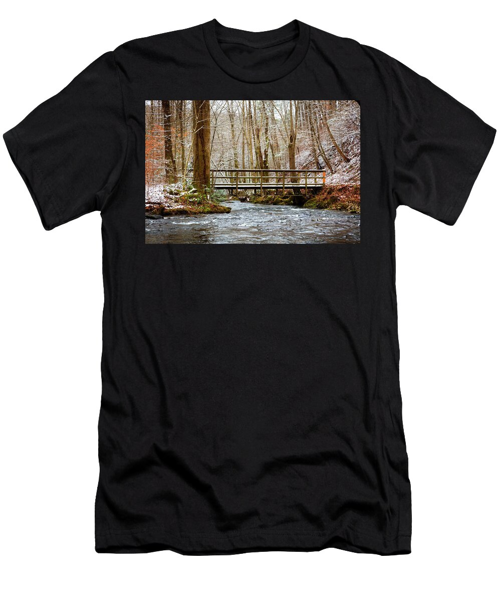Carolina T-Shirt featuring the photograph Dusting of Snow on the Bridge by Debra and Dave Vanderlaan