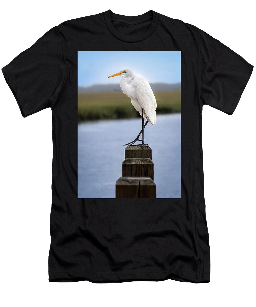Egret T-Shirt featuring the photograph Egret on a Pier by Morey Gers